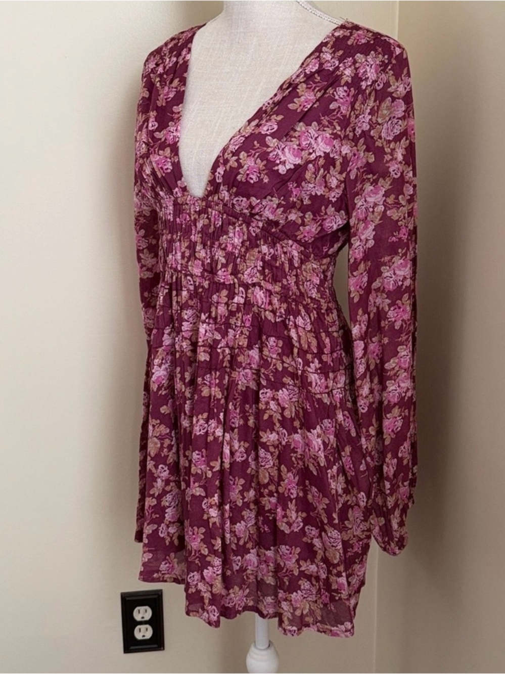 Free People Floral V-Neck Long Sleeve Mini Dress - Picture 3 of 12